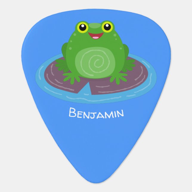 Cute happy green frog cartoon illustration  guitar pick (Front)