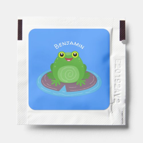 Cute happy green frog cartoon illustration hand sanitizer packet