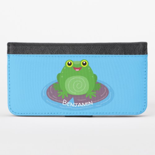 Cute happy green frog cartoon illustration iPhone x wallet case