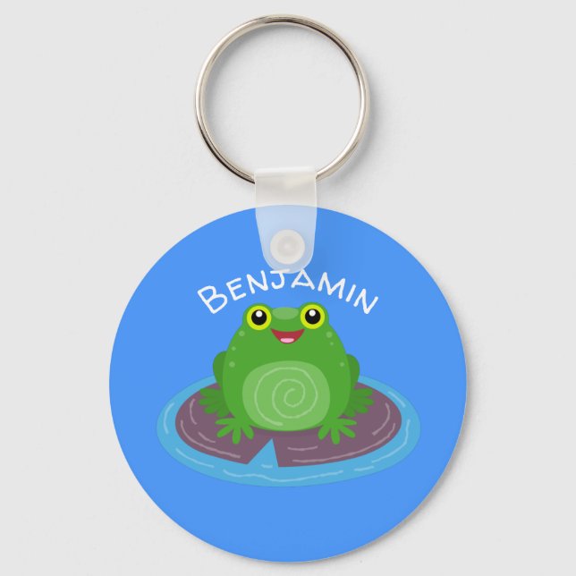 Cute happy green frog cartoon illustration keychain (Front)