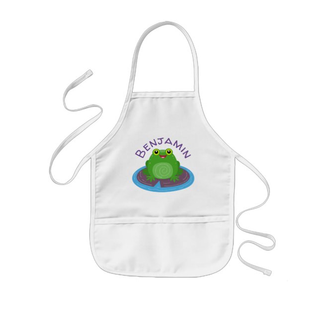 Cute happy green frog cartoon illustration kids' apron (Front)