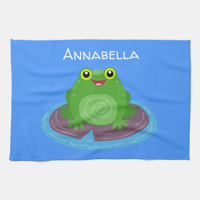 Cute happy green frog cartoon illustration kitchen towel (Horizontal)