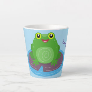 Cute happy green frog cartoon illustration latte mug