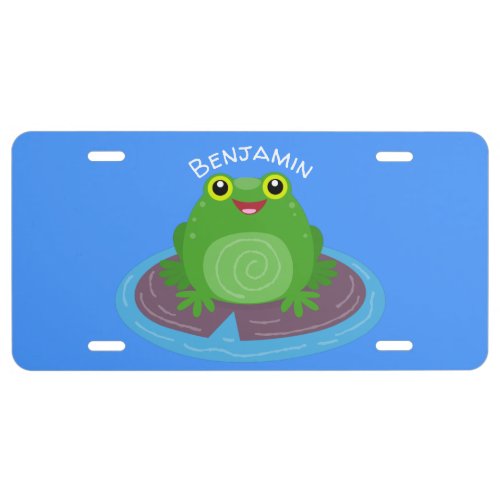 Cute happy green frog cartoon illustration license plate