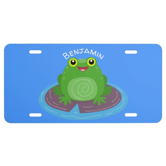 Cute happy green frog cartoon illustration license plate (Front)