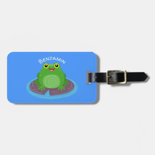 Cute happy green frog cartoon illustration luggage tag