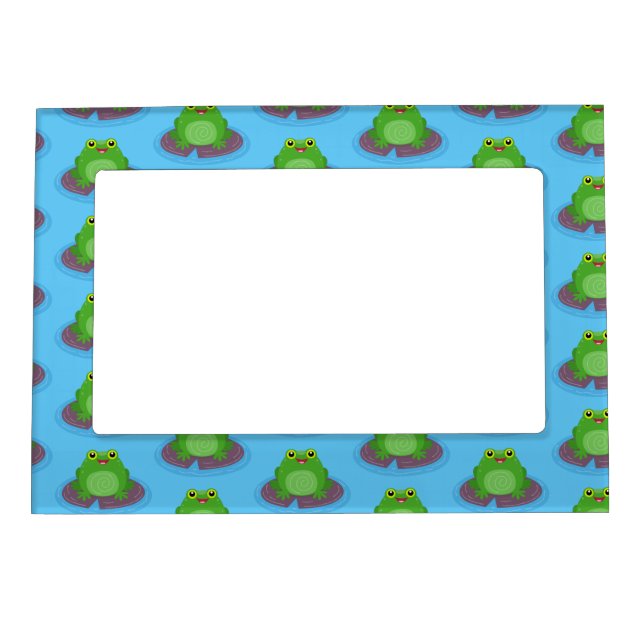 Cute happy green frog cartoon illustration magnetic frame (Front)