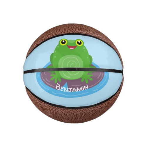 Cute happy green frog cartoon illustration mini basketball