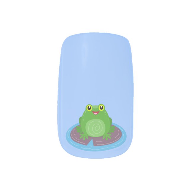 Cute happy green frog cartoon illustration minx nail art (Left Thumb)