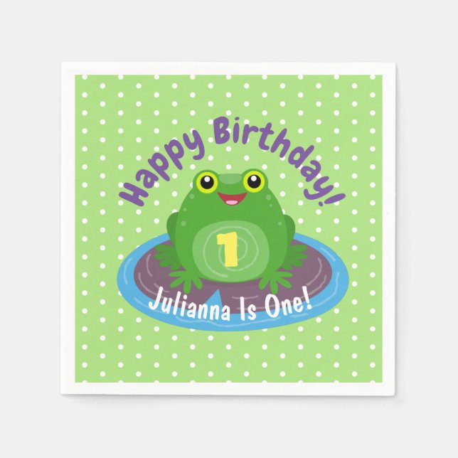Cute happy green frog cartoon illustration napkins (Front)