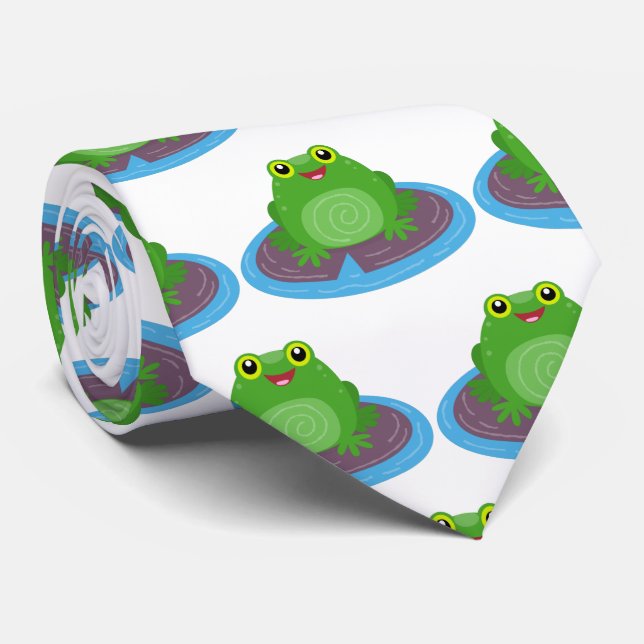 Cute happy green frog cartoon illustration neck tie (Rolled)