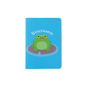 Cute happy green frog cartoon illustration passport holder
