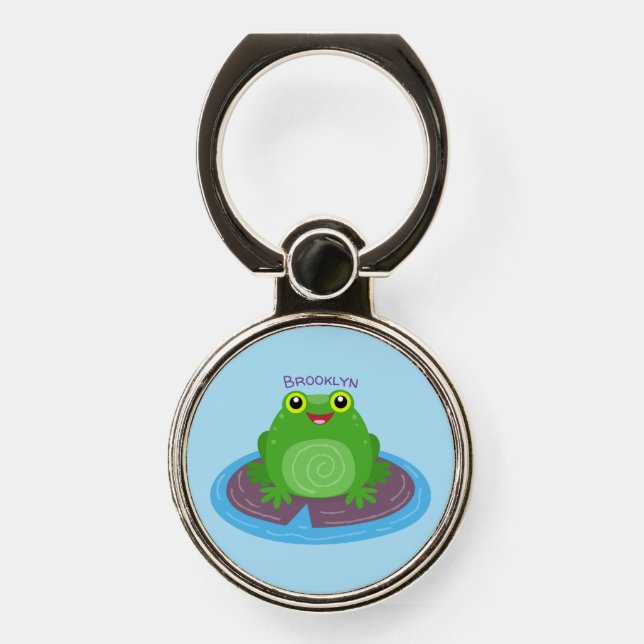 Cute happy green frog cartoon illustration phone ring stand (Front)