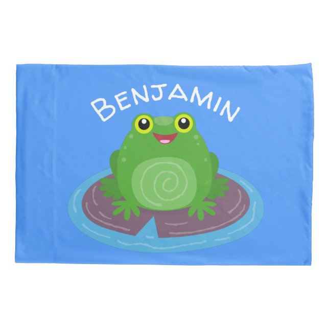 Cute happy green frog cartoon illustration pillow case (Back)