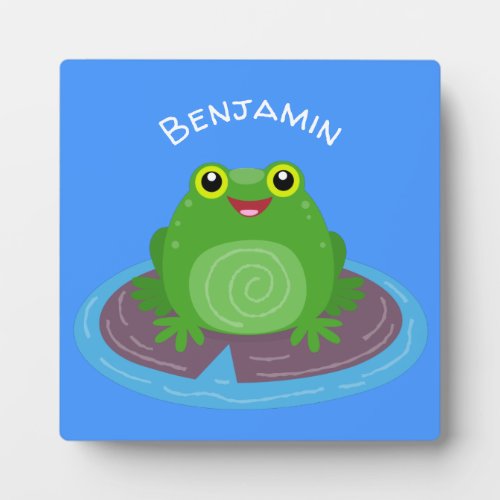 Cute happy green frog cartoon illustration plaque