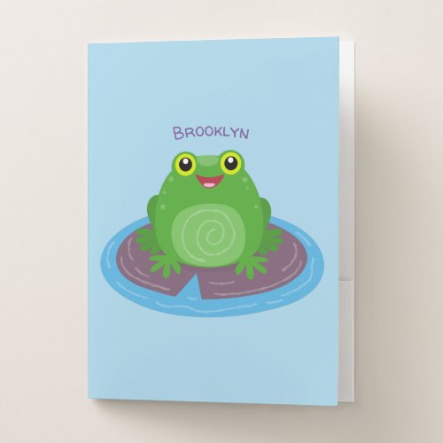 Cute happy green frog cartoon illustration pocket folder