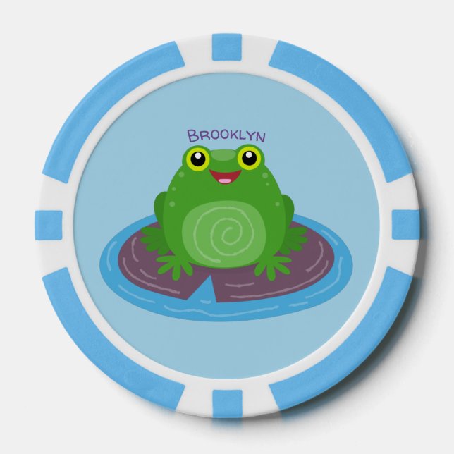 Cute happy green frog cartoon illustration poker chips (Front)