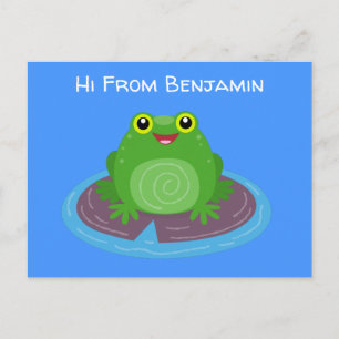 Cute happy green frog cartoon illustration postcard