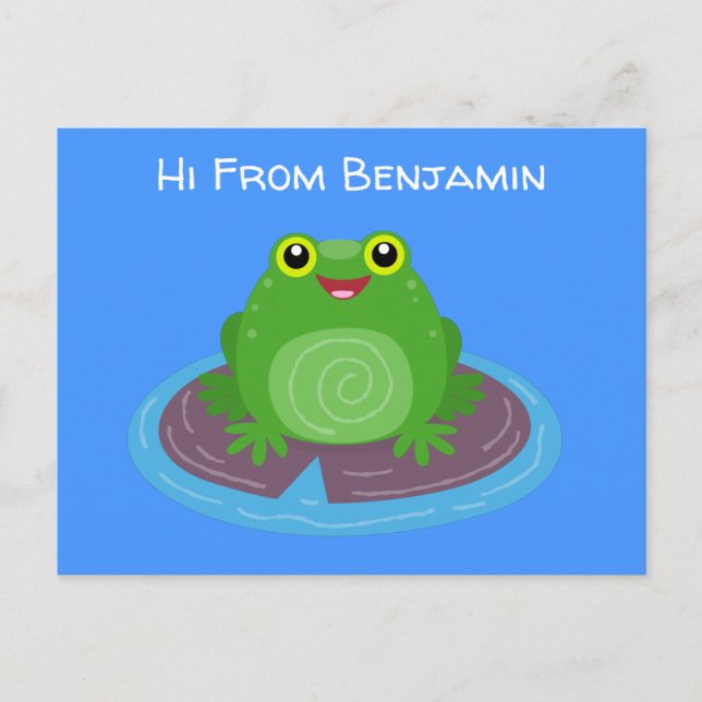 Cute happy green frog cartoon illustration postcard (Front)