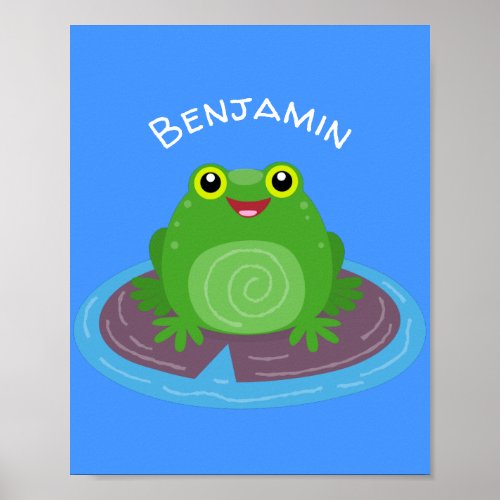 Cute happy green frog cartoon illustration poster