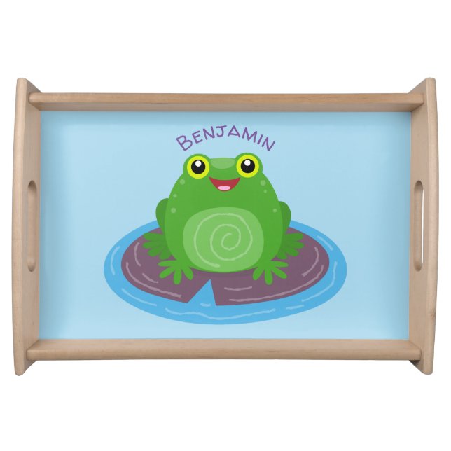 Cute happy green frog cartoon illustration serving tray (Front)