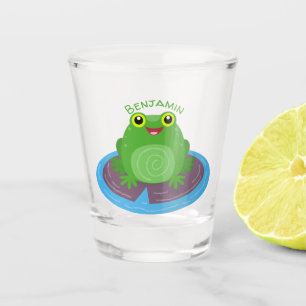 Cute happy green frog cartoon illustration shot glass