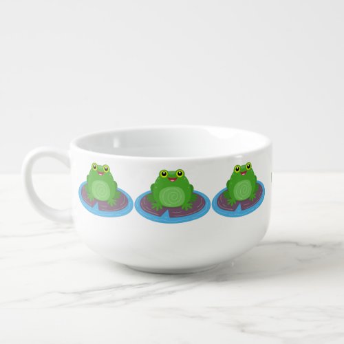 Cute happy green frog cartoon illustration soup mug