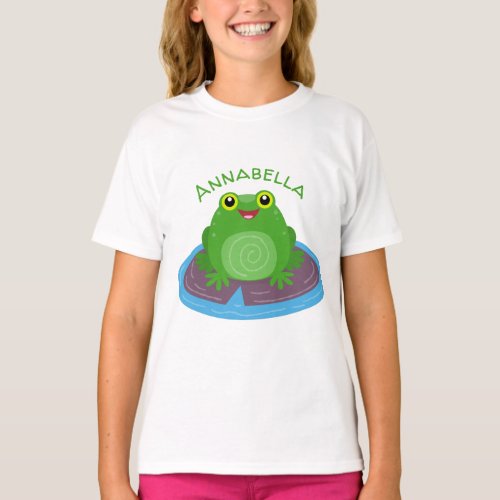 Cute happy green frog cartoon illustration T_Shirt