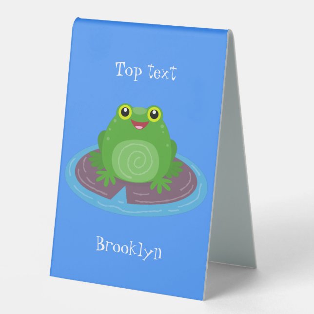 Cute happy green frog cartoon illustration table tent (Front)