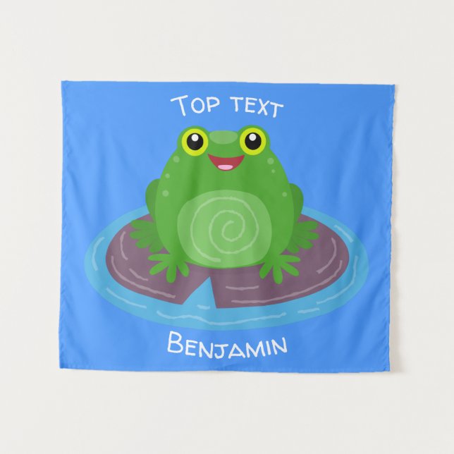 Cute happy green frog cartoon illustration  tapestry (Front (Horizontal))