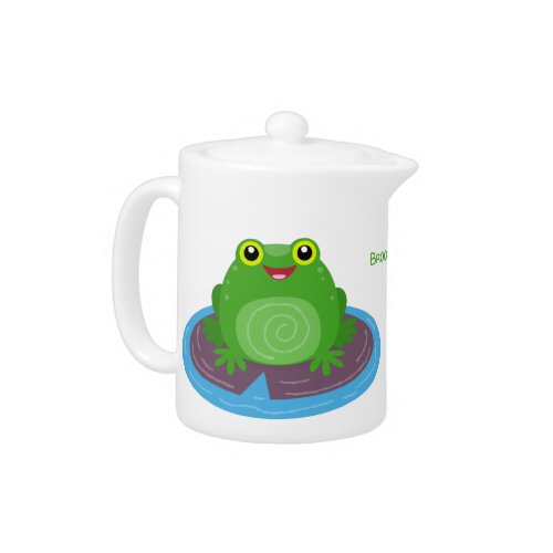 Cute happy green frog cartoon illustration teapot