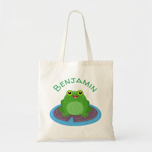 Cute happy green frog cartoon illustration tote bag