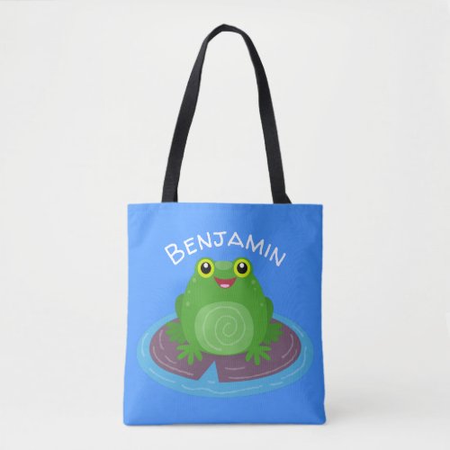 Cute happy green frog cartoon illustration tote bag