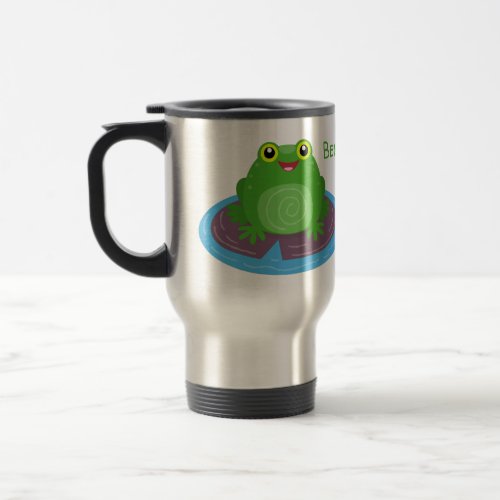 Cute happy green frog cartoon illustration travel mug