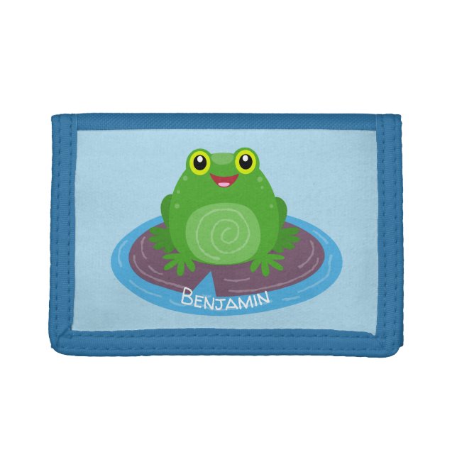 Cute happy green frog cartoon illustration trifold wallet (Front)