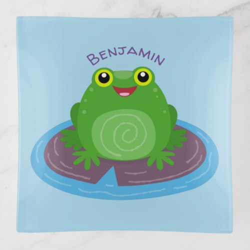 Cute happy green frog cartoon illustration trinket tray