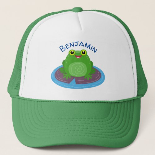 Cute happy green frog cartoon illustration trucker hat