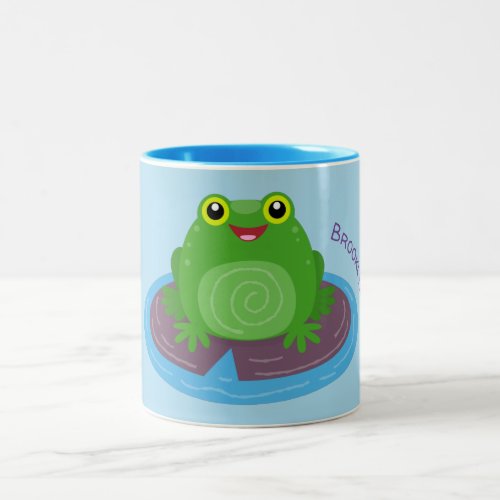 Cute happy green frog cartoon illustration Two_Tone coffee mug