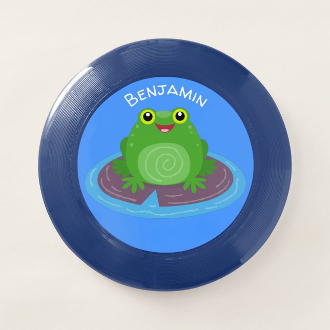 Cute happy green frog cartoon illustration Wham-O frisbee (Front)