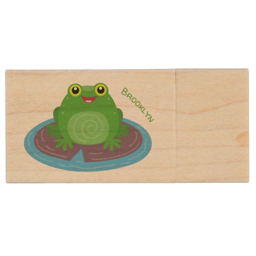 Cute happy green frog cartoon illustration wood flash drive