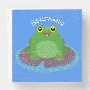 Cute happy green frog cartoon illustration wooden box sign