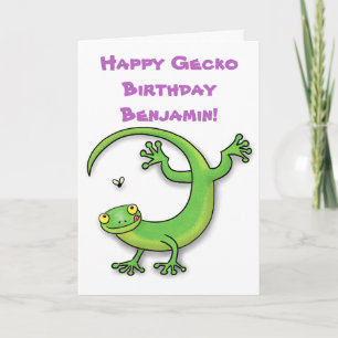 Cute happy green gecko cartoon card