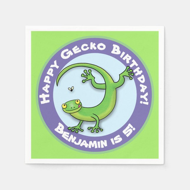 Cute happy green gecko climbing cartoon napkins (Front)
