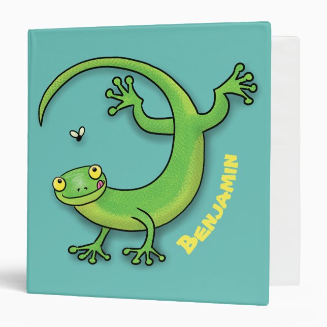 Cute happy green gecko greetings with bug cartoon 3 ring binder (Front/Inside)