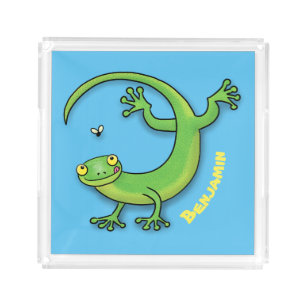 Cute happy green gecko greetings with bug cartoon acrylic tray