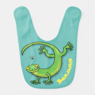 Cute happy green gecko greetings with bug cartoon baby bib