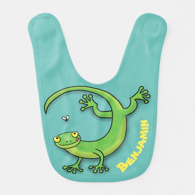 Cute happy green gecko greetings with bug cartoon baby bib (Front)