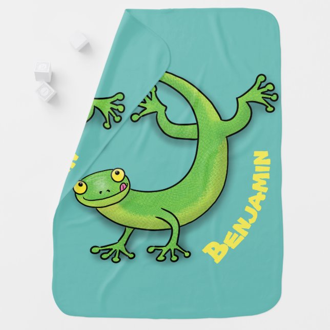 Cute happy green gecko greetings with bug cartoon baby blanket (In Situ)