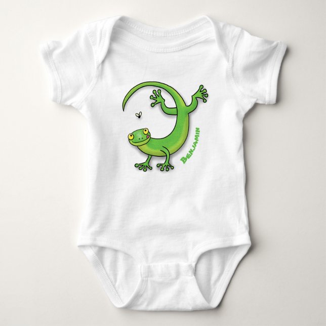Cute happy green gecko greetings with bug cartoon baby bodysuit (Front)