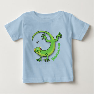 Cute happy green gecko greetings with bug cartoon baby T-Shirt